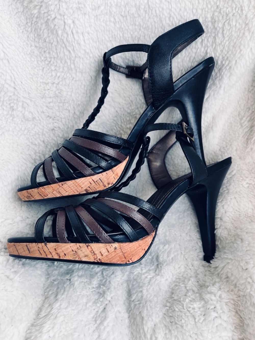 Tahari Braided T-Strap Strappy Heels Sandals Black Brown Women's Size 6M - Picture 2 of 12